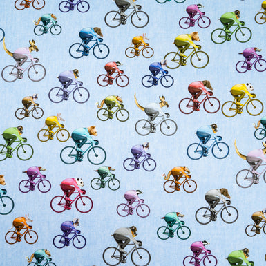 Multi-Coloured Cyclist Printed Blue Cotton Shirting