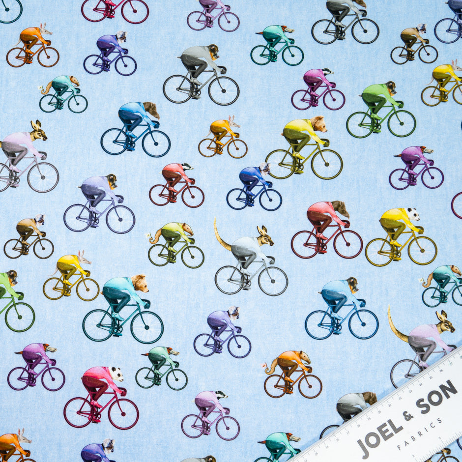 Multi-Coloured Cyclist Printed Blue Cotton Shirting