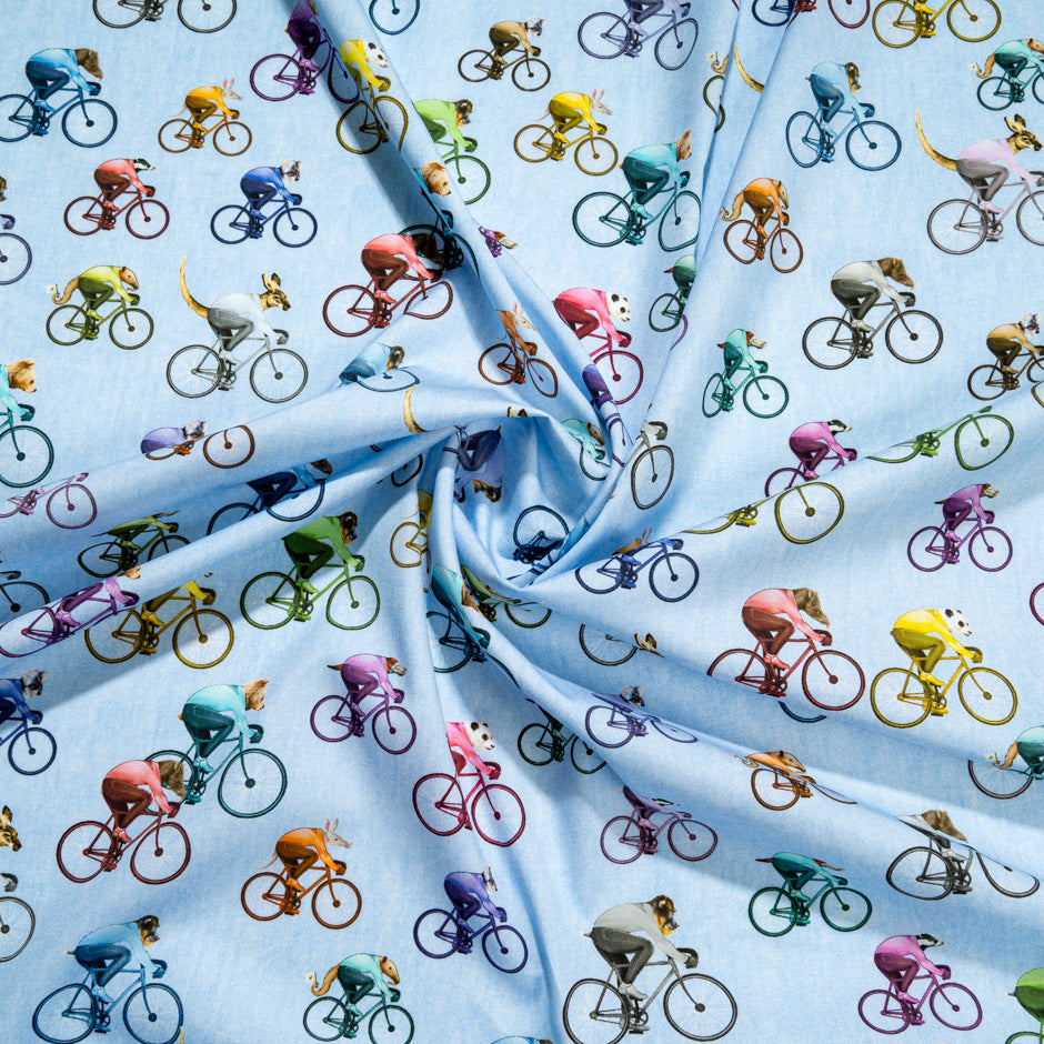 Multi-Coloured Cyclist Printed Blue Cotton Shirting