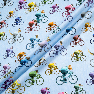 Multi-Coloured Cyclist Printed Blue Cotton Shirting