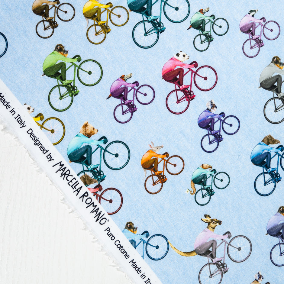 Multi-Coloured Cyclist Printed Blue Cotton Shirting