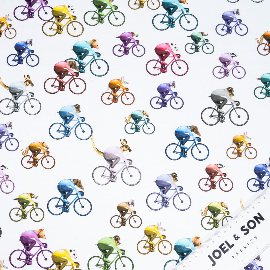 Multi-Coloured Cyclist Printed White Cotton Shirting
