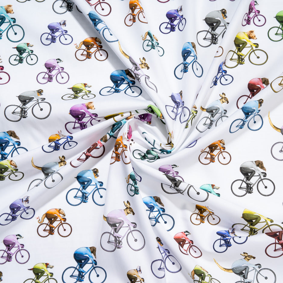 Multi-Coloured Cyclist Printed White Cotton Shirting