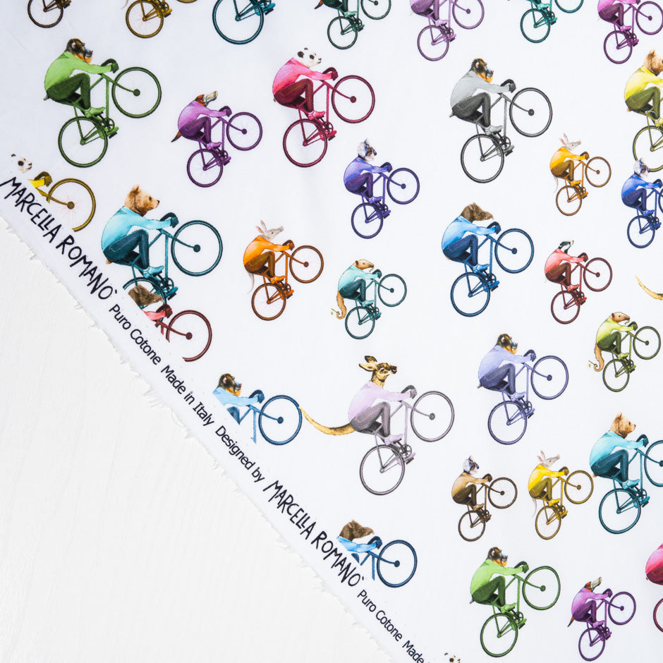 Multi-Coloured Cyclist Printed White Cotton Shirting