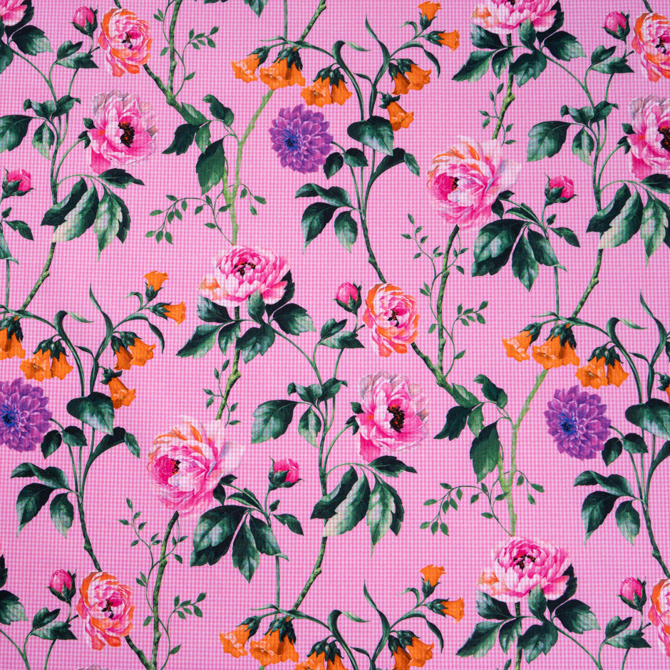 Floral Printed Candy Pink Gingham Pure Cotton (A 2.30m Piece)