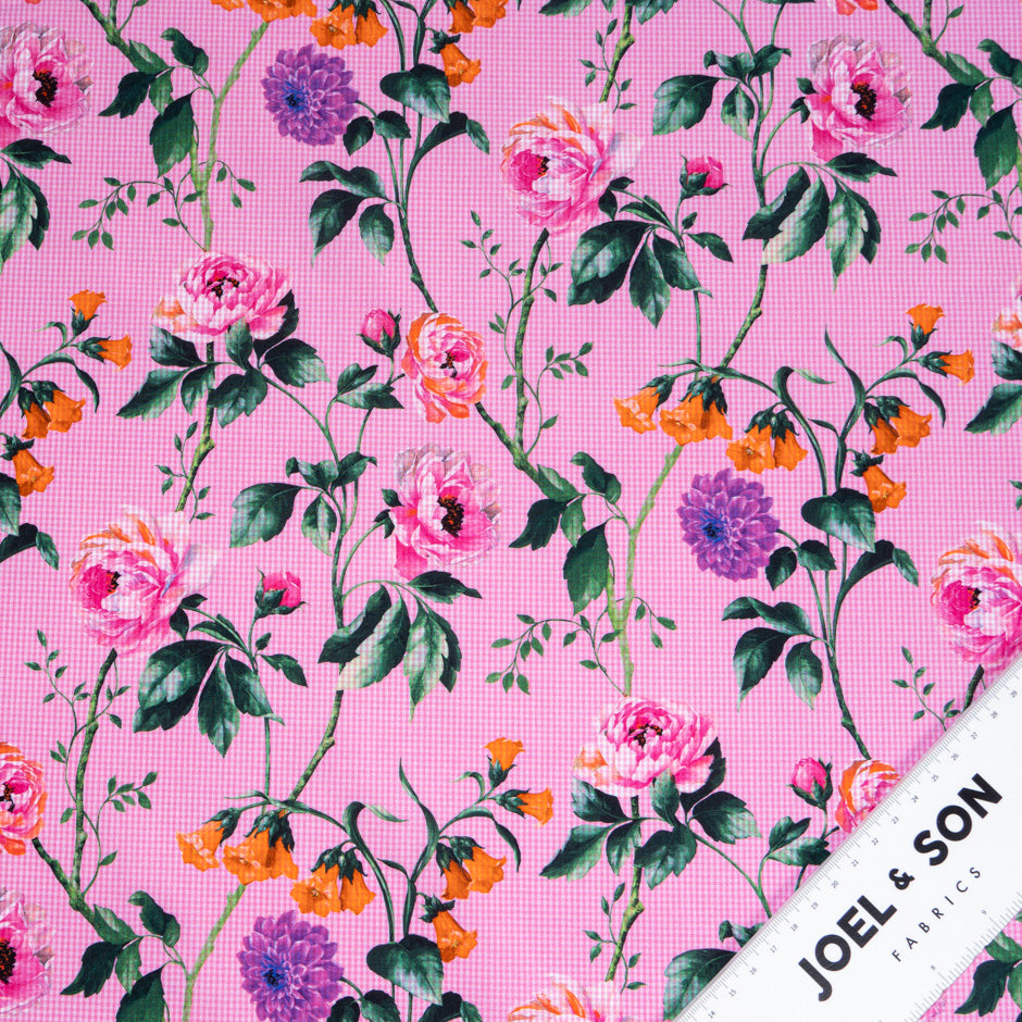 Floral Printed Candy Pink Gingham Pure Cotton (A 2.30m Piece)