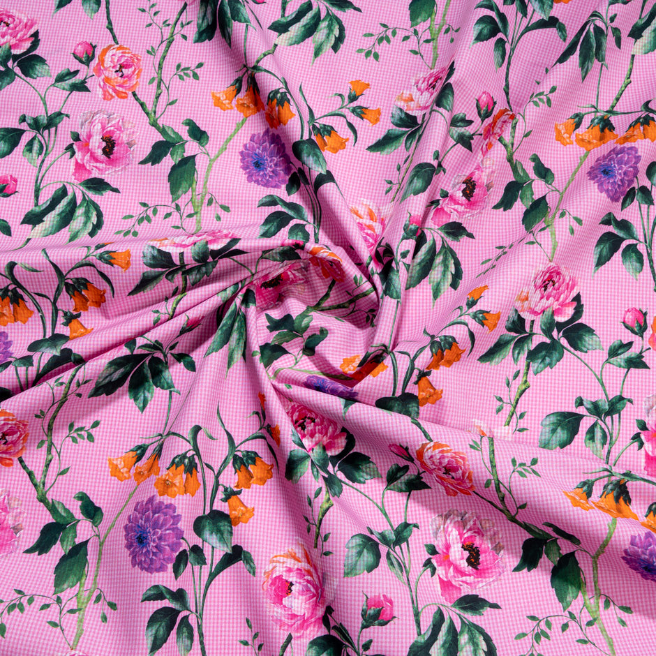 Floral Printed Candy Pink Gingham Pure Cotton (A 2.30m Piece)