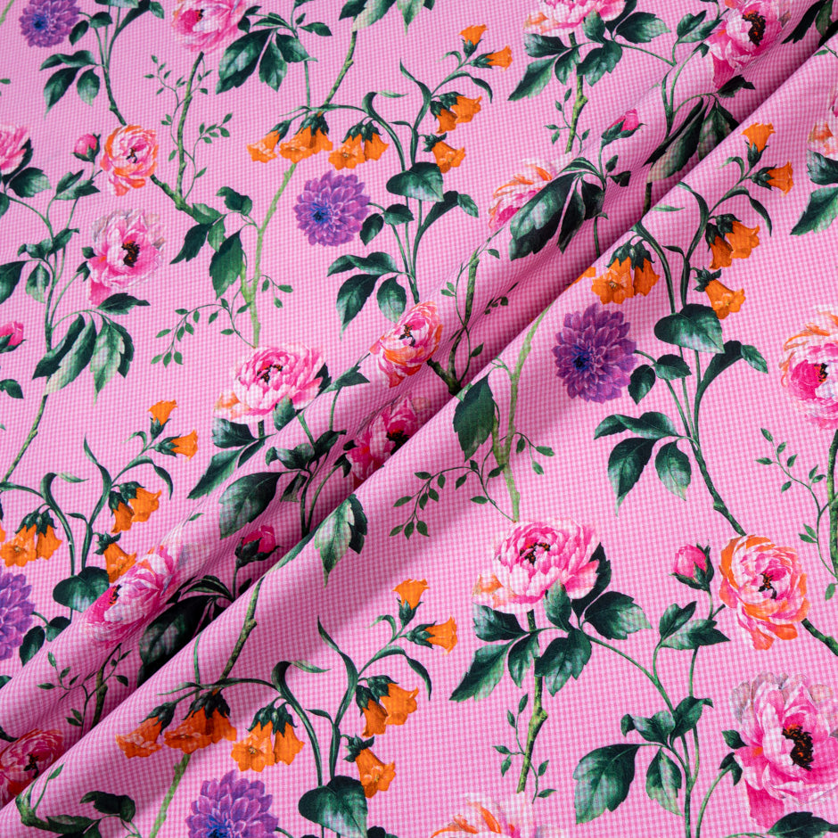 Floral Printed Candy Pink Gingham Pure Cotton (A 2.30m Piece)