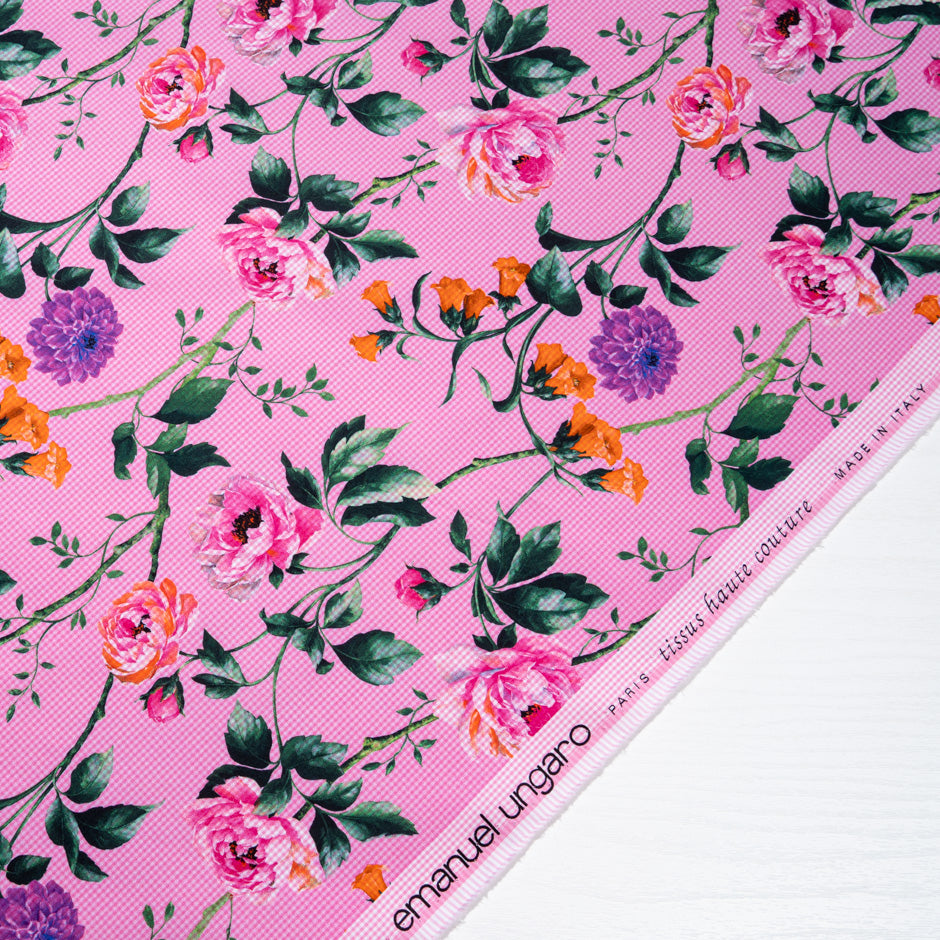Floral Printed Candy Pink Gingham Pure Cotton (A 2.30m Piece)