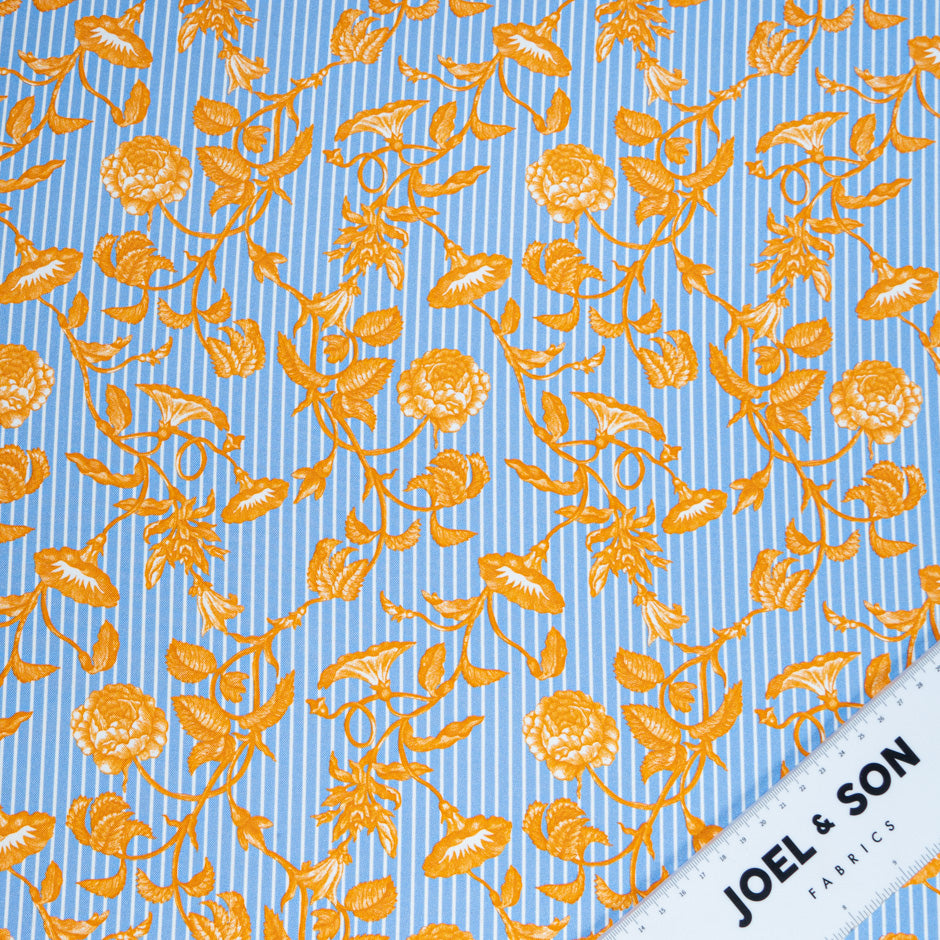 Orange Floral White Striped Blue Pure Silk Twill