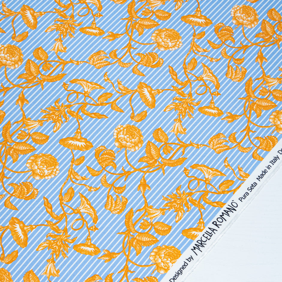 Orange Floral White Striped Blue Pure Silk Twill