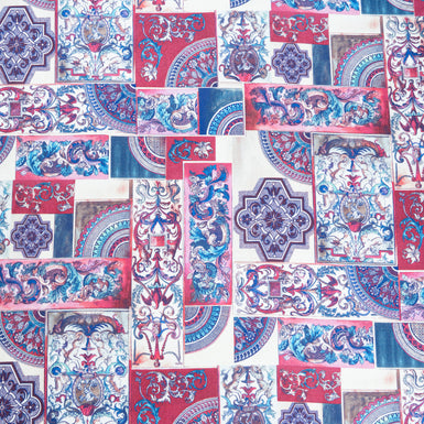 Deep Pink & Blue Patchwork Printed Pure Silk Twill