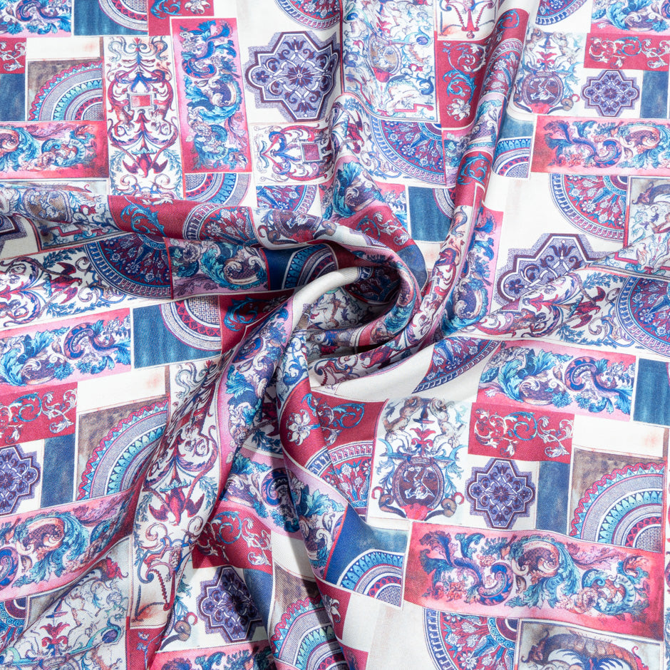Deep Pink & Blue Patchwork Printed Pure Silk Twill