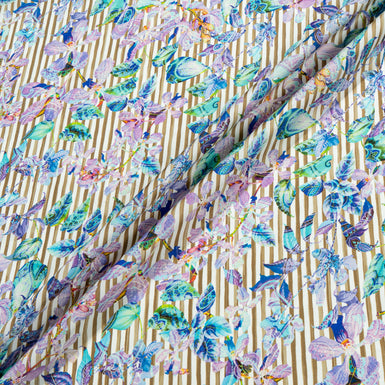 Multi Floral Printed Striped Pure Silk Twill