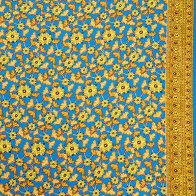 Orange & Yellow Floral Printed Blue Silk Twill