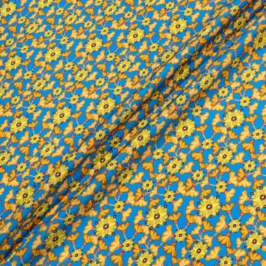 Orange & Yellow Floral Printed Blue Silk Twill