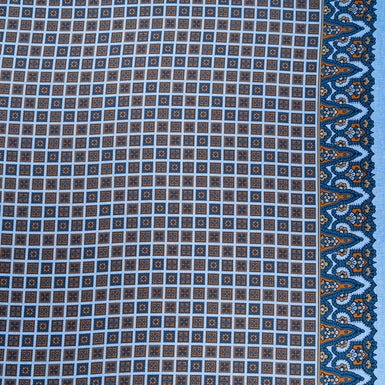 Blue & Brown Square Geo Printed Pure Silk Twill