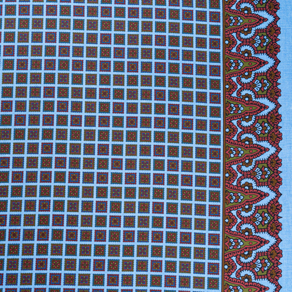Brown & Blue Floral Square Geo Printed Silk Twill (A 3m Piece)
