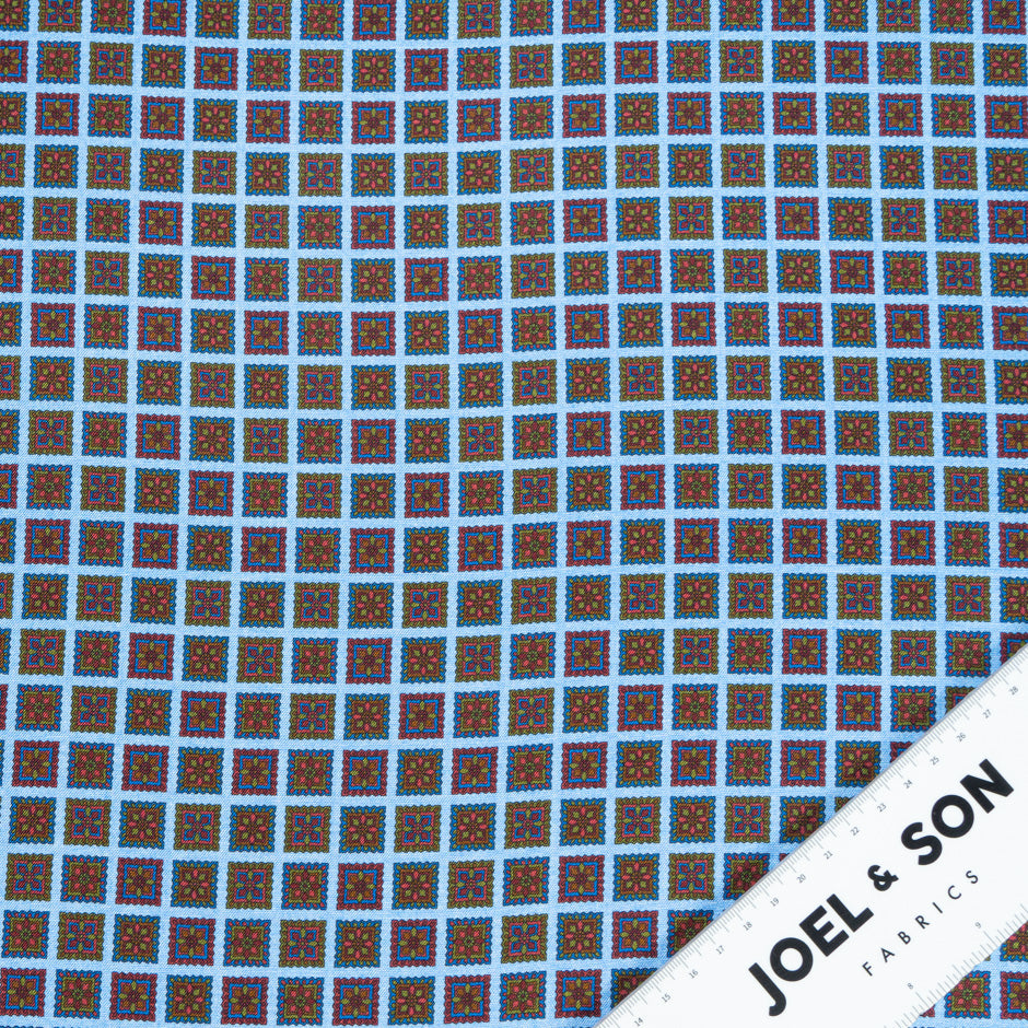 Brown & Blue Floral Square Geo Printed Silk Twill (A 3m Piece)