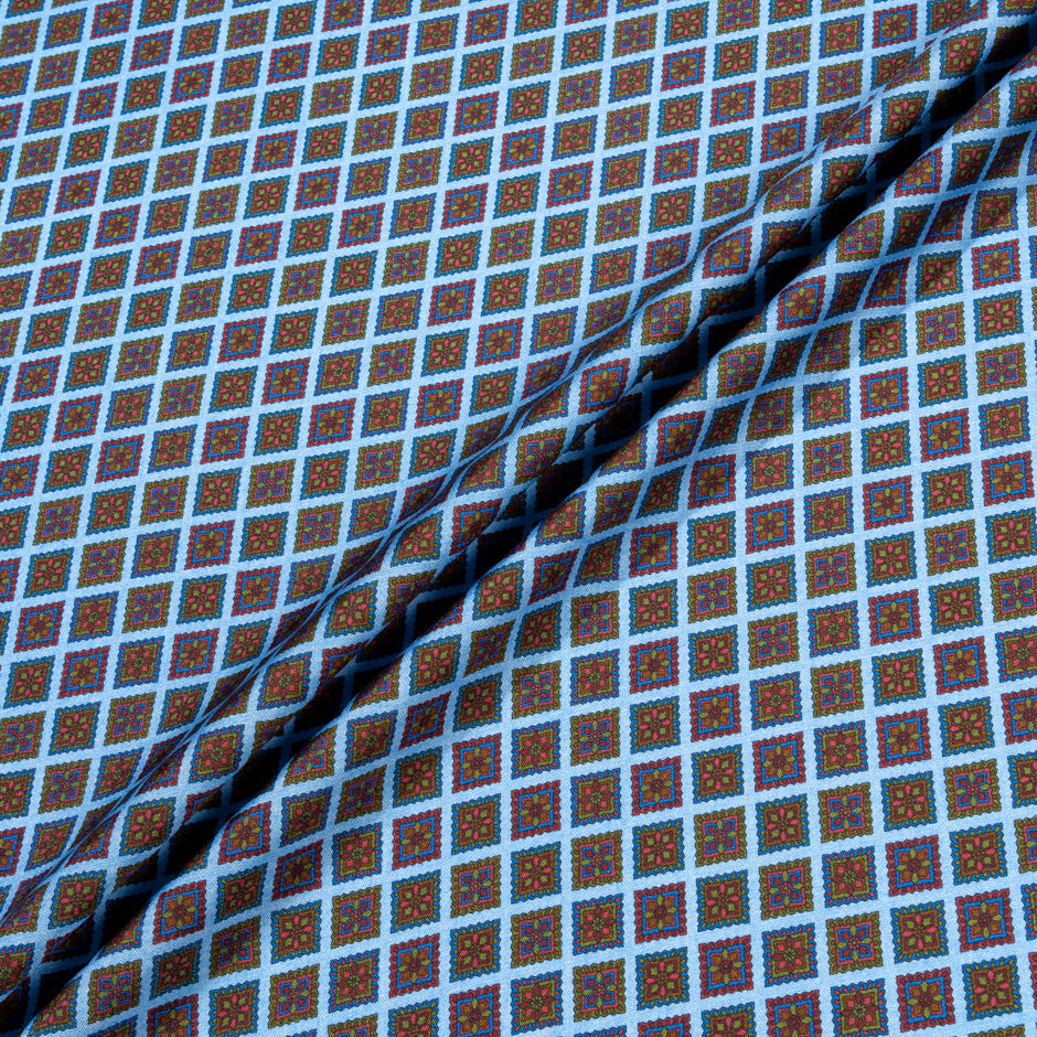 Brown & Blue Floral Square Geo Printed Silk Twill (A 3m Piece)