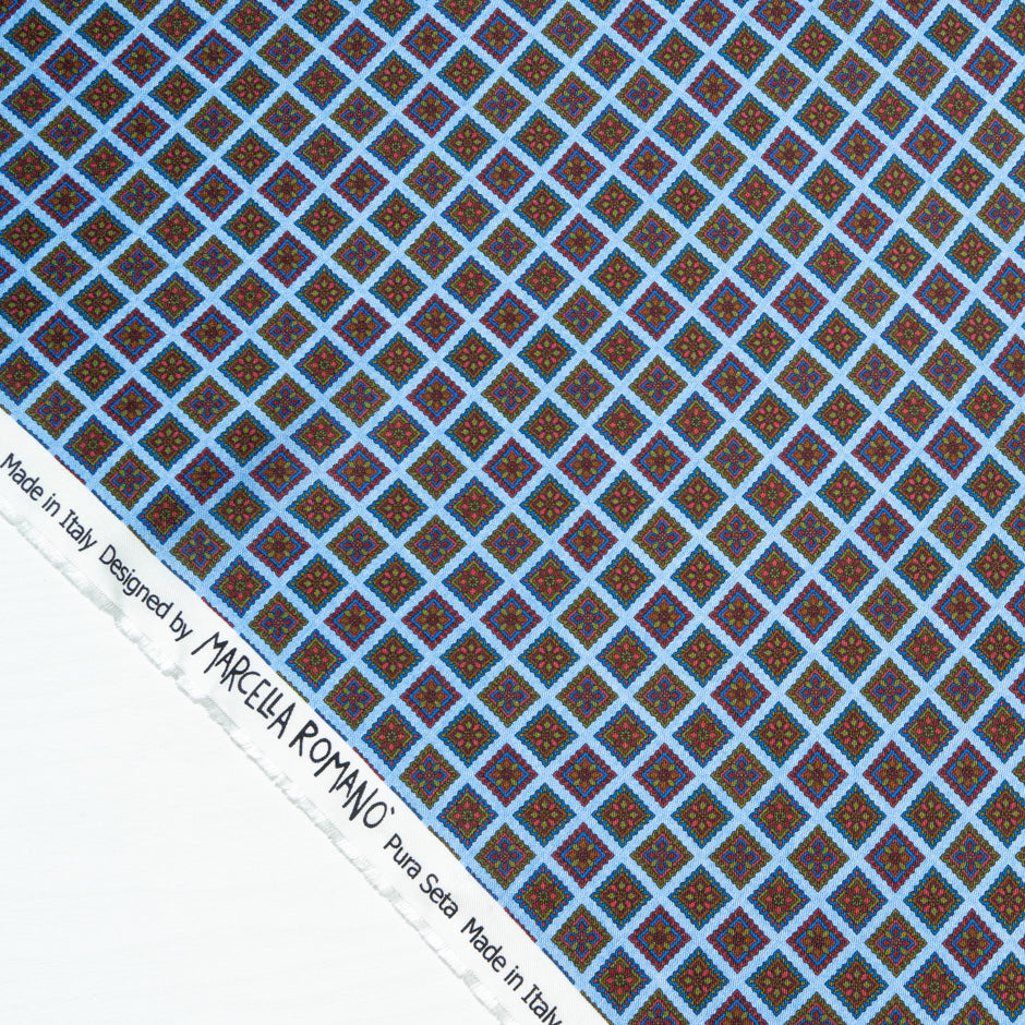 Brown & Blue Floral Square Geo Printed Silk Twill (A 3m Piece)