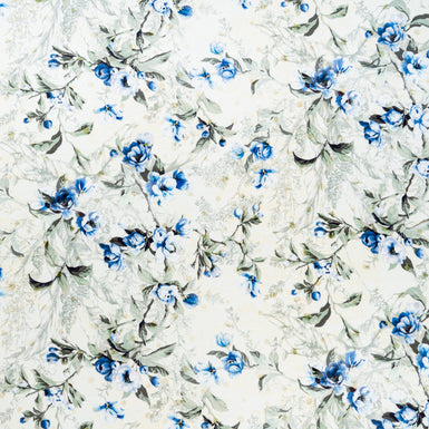 Cobalt Blue Floral Printed Cream Double Silk Crêpe