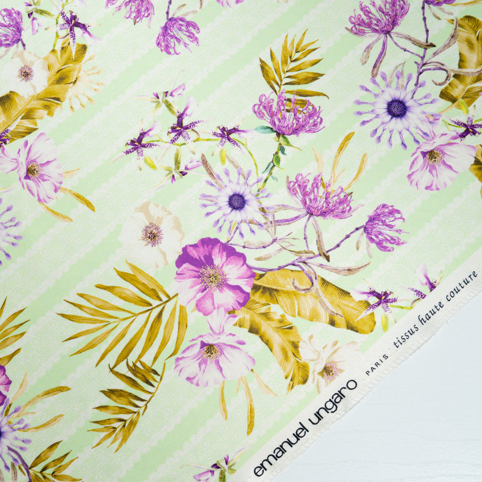 Purple Floral Printed Mint Double Silk Crêpe