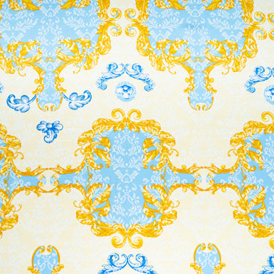 Yellow, Blue & Cream Printed Silk Satin