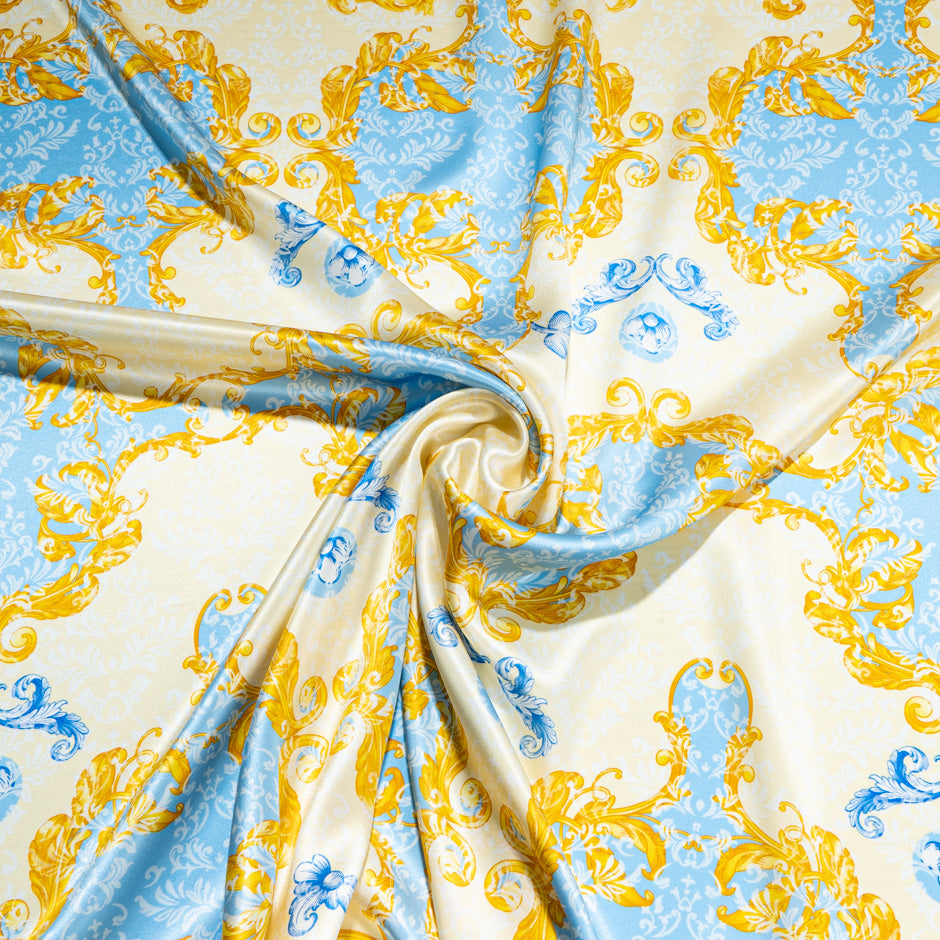 Yellow, Blue & Cream Printed Silk Satin (A 3m Piece)