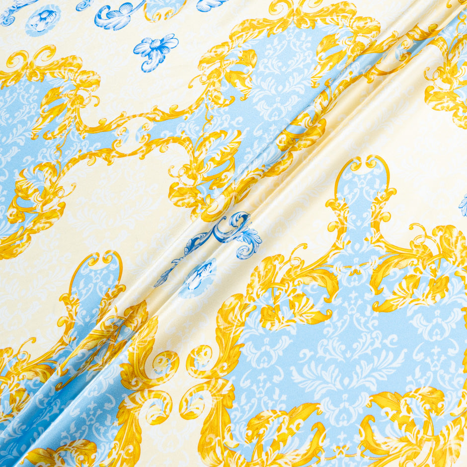 Yellow, Blue & Cream Printed Silk Satin (A 3m Piece)
