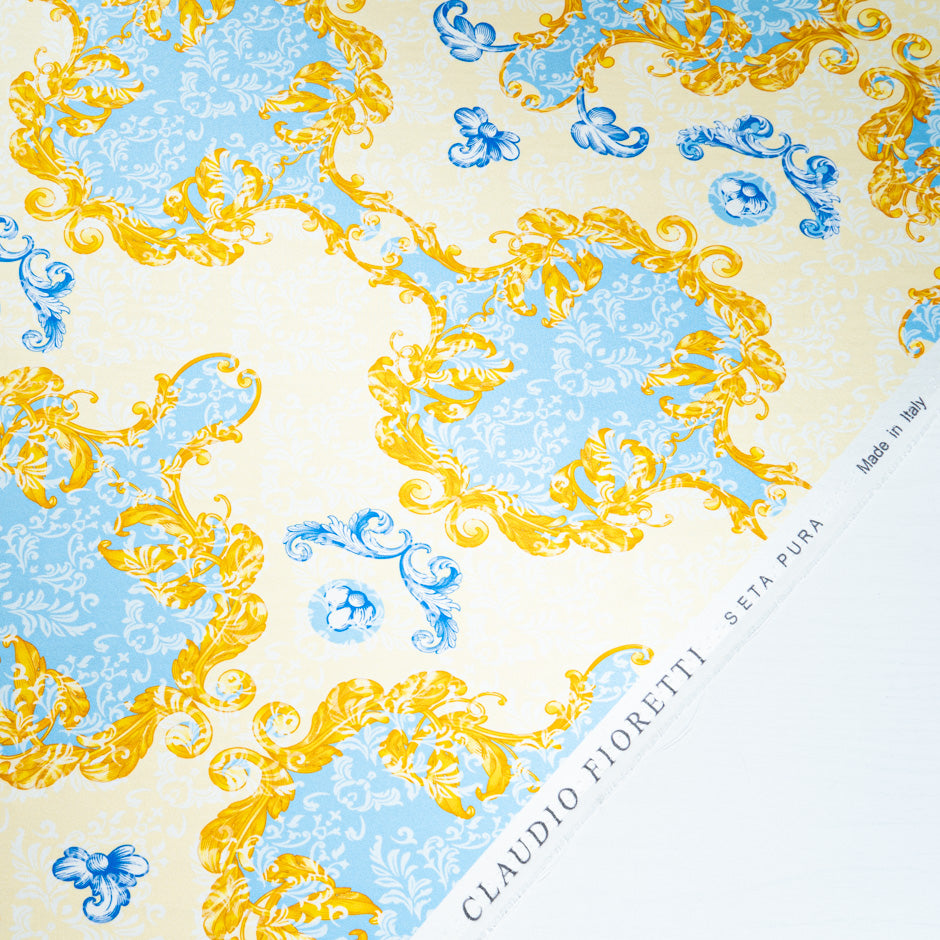 Yellow, Blue & Cream Printed Silk Satin (A 3m Piece)