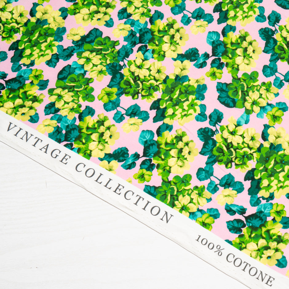Green & Teal Hydrangea Printed Pink Cotton