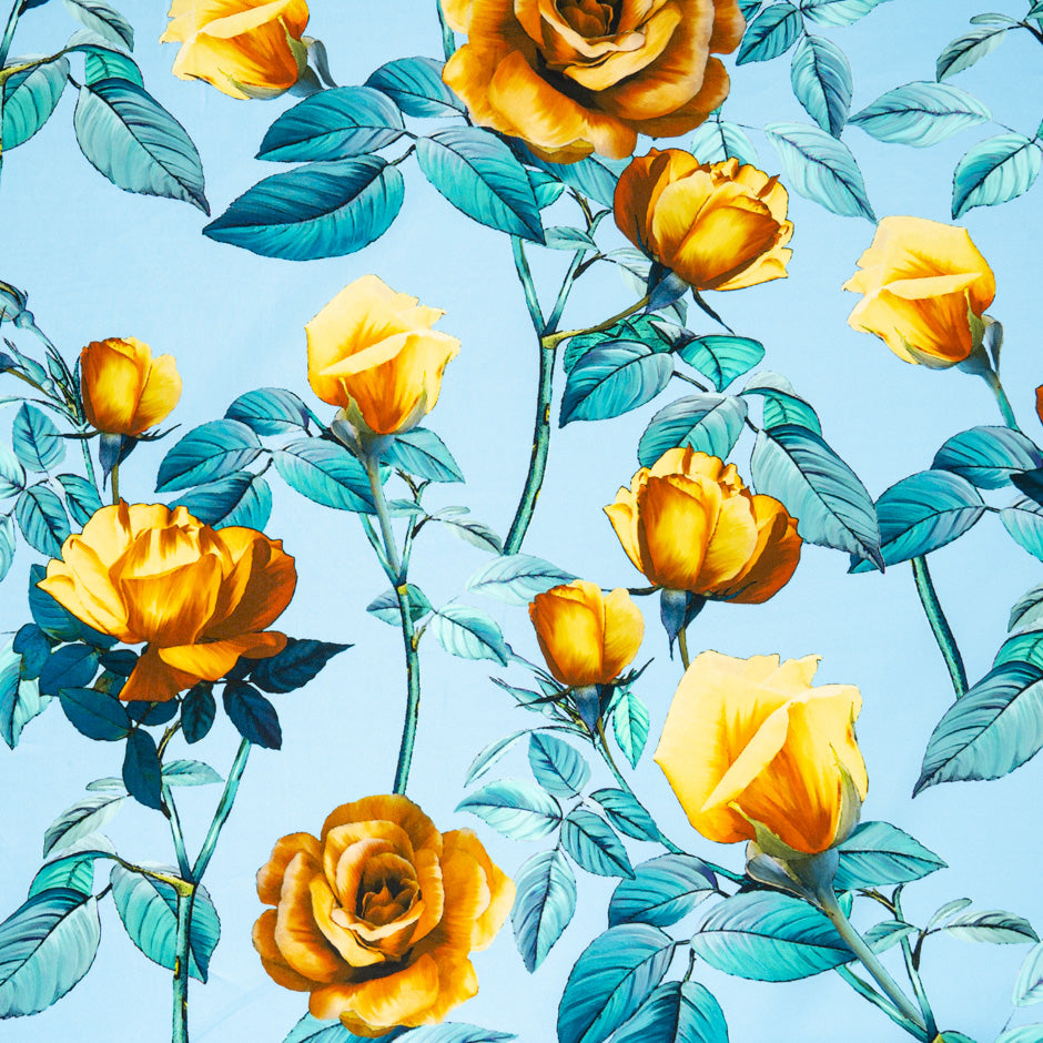 Mustard Yellow Rose Printed Blue Pure Cotton (A 1.55m Piece)