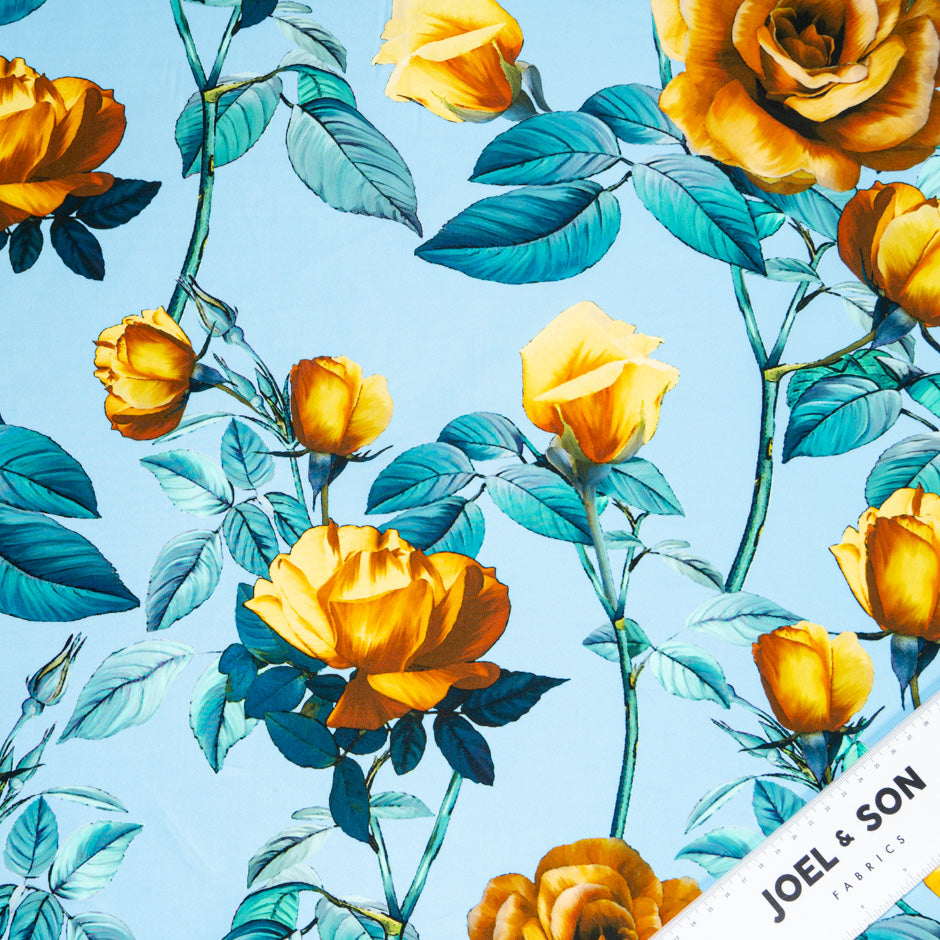 Mustard Yellow Rose Printed Blue Pure Cotton (A 1.55m Piece)