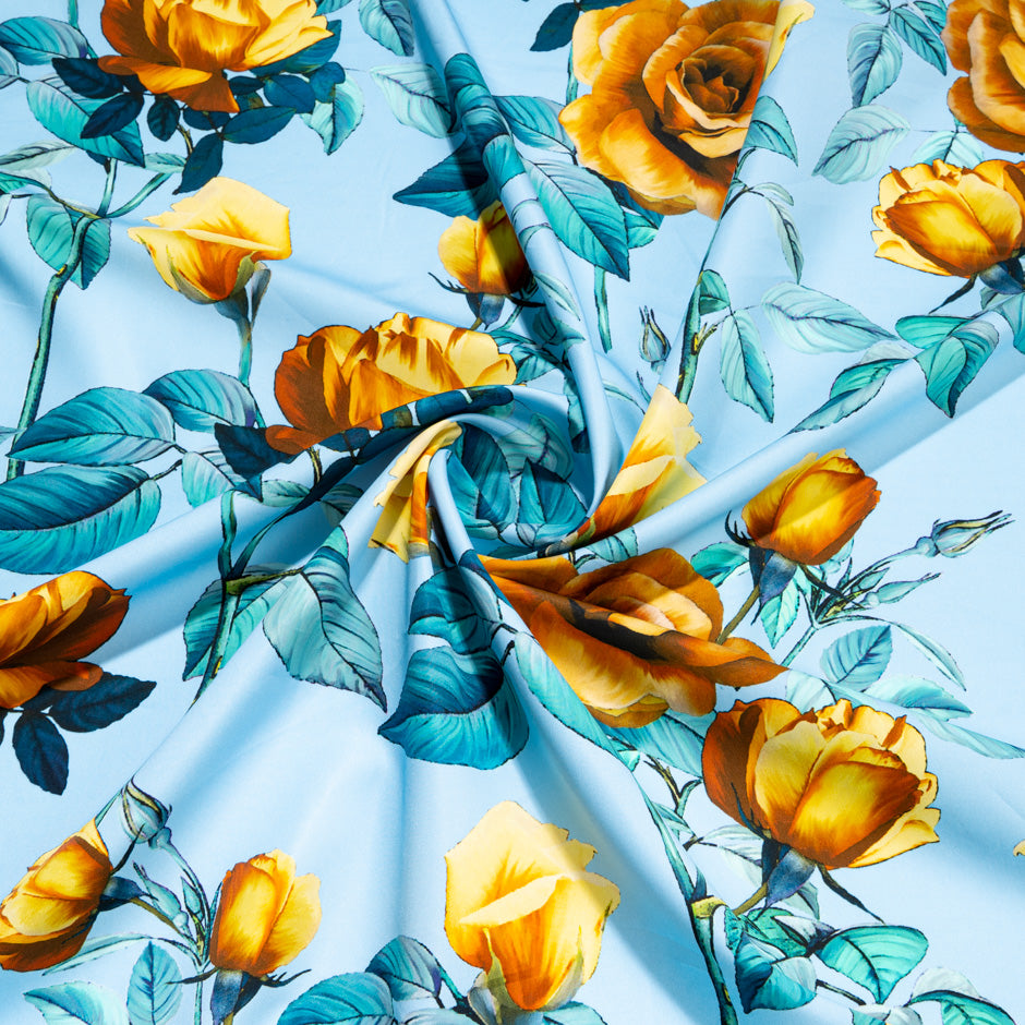 Mustard Yellow Rose Printed Blue Pure Cotton (A 1.55m Piece)