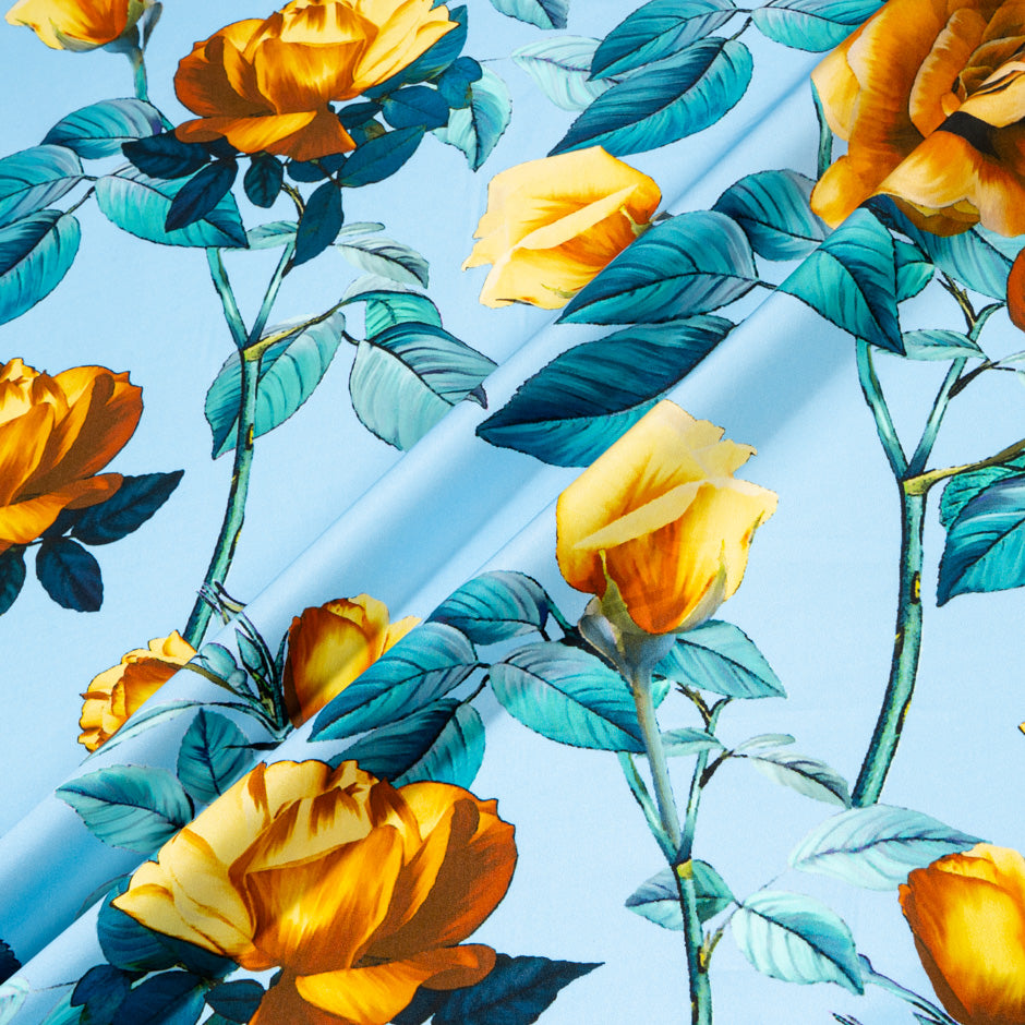 Mustard Yellow Rose Printed Blue Pure Cotton (A 1.55m Piece)