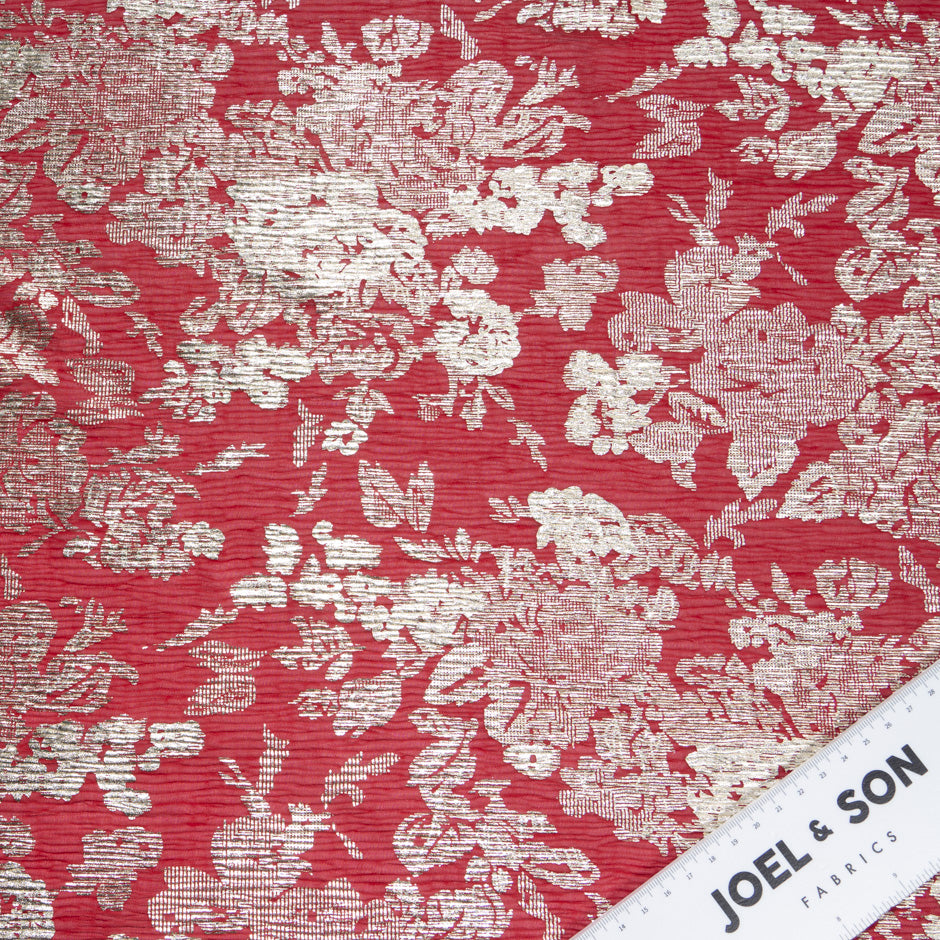 Cherry Red & Gold Laminated Crinkled Chiffon