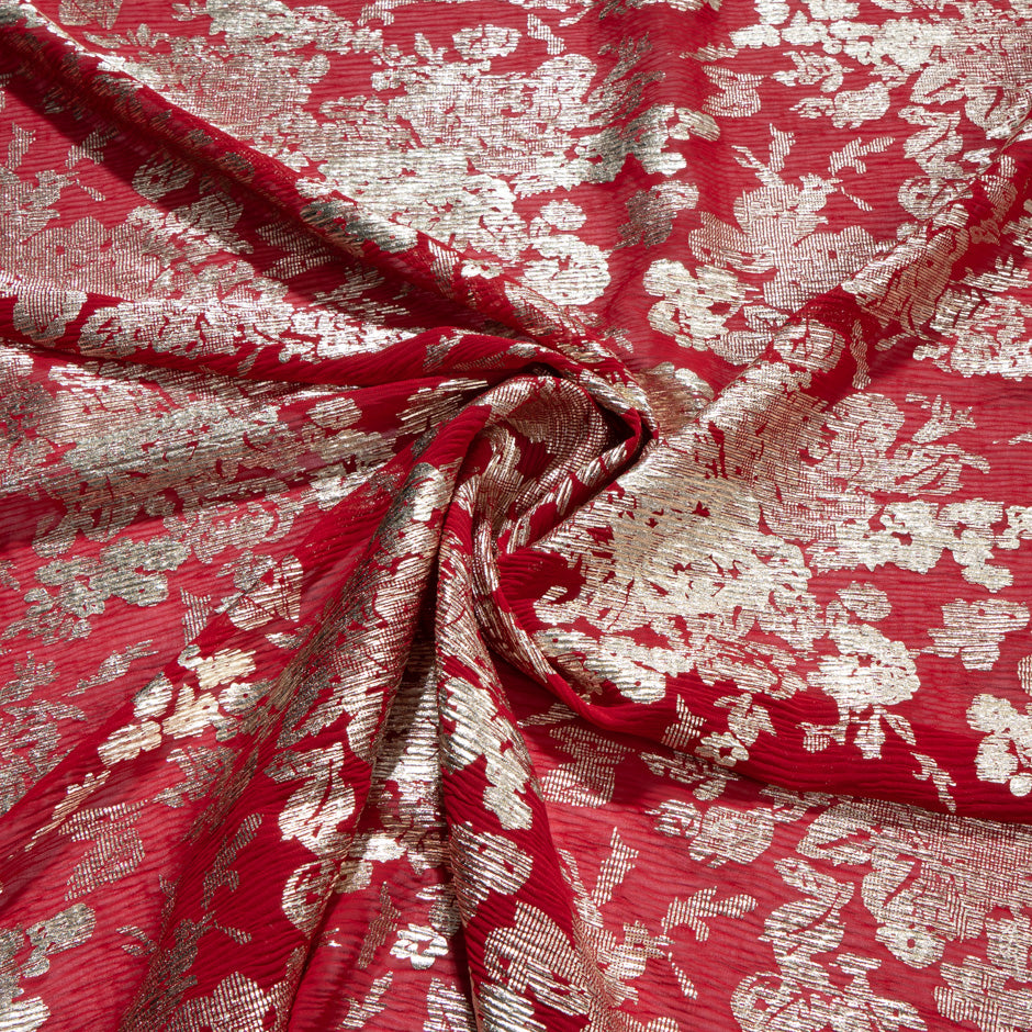Cherry Red & Gold Laminated Crinkled Chiffon