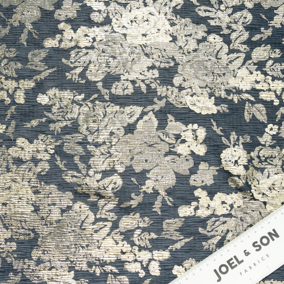 Petrol Blue & Gold Laminated Crinkled Chiffon