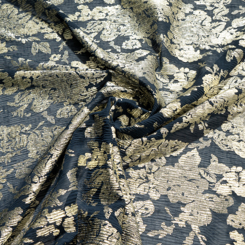Petrol Blue & Gold Laminated Crinkled Chiffon