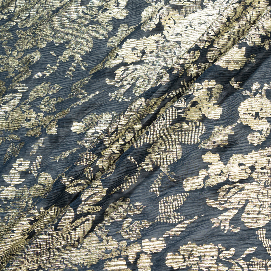 Petrol Blue & Gold Laminated Crinkled Chiffon