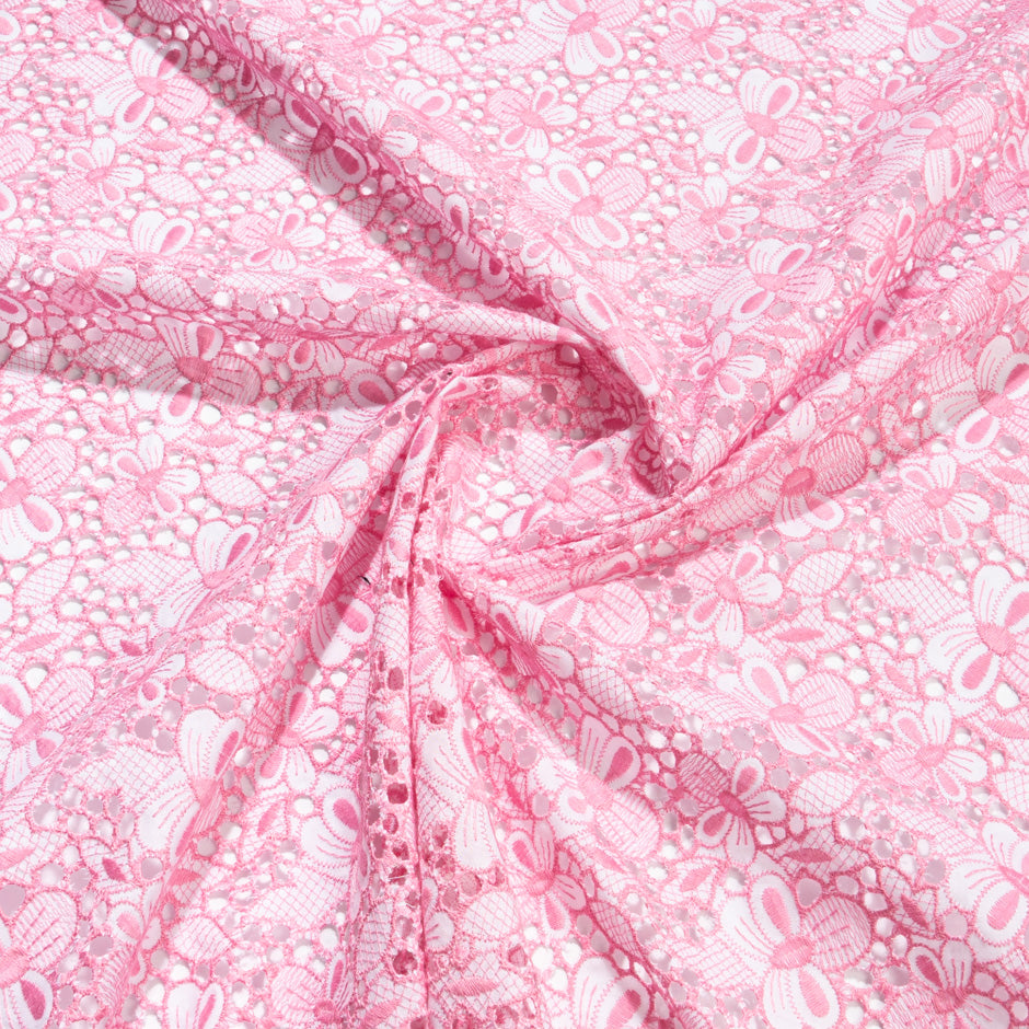 Candy Pink Floral Embroidered White Cotton