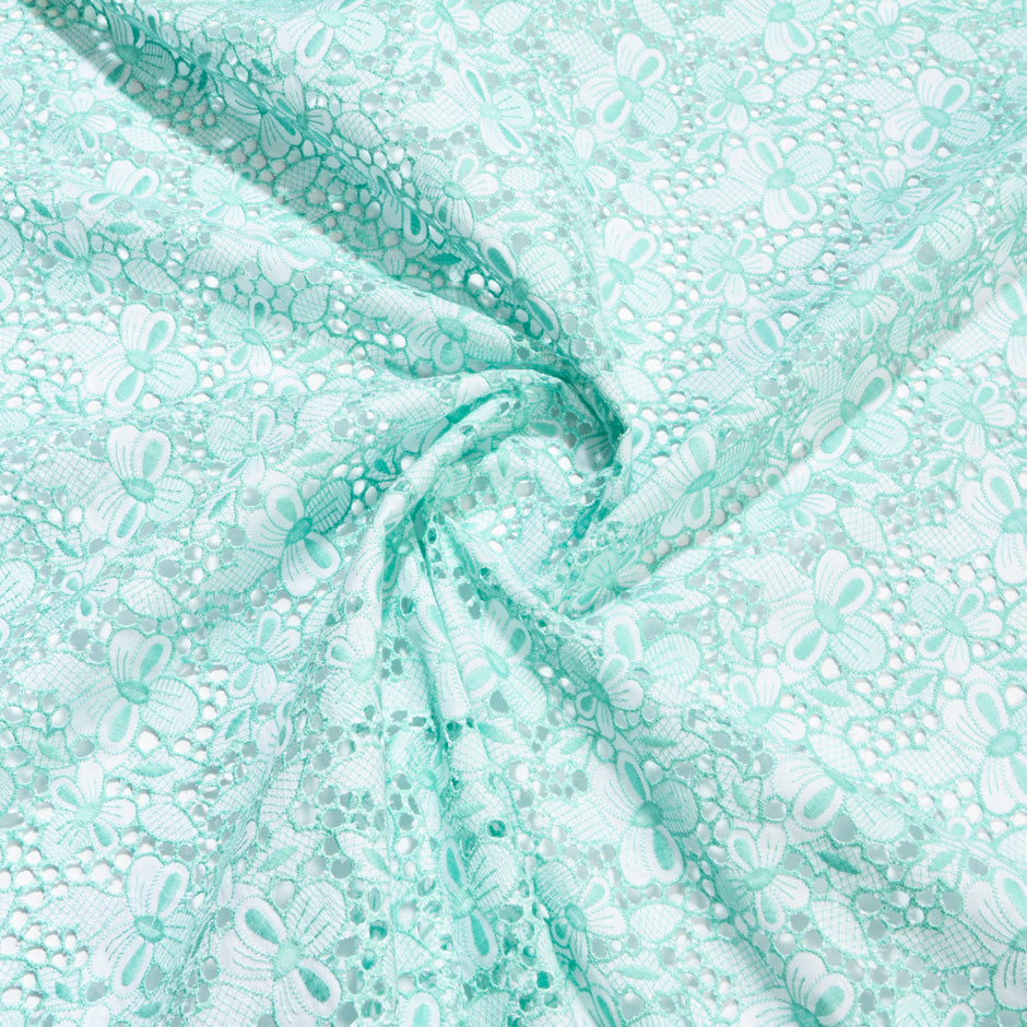 Mint Green Floral Embroidered White Cotton