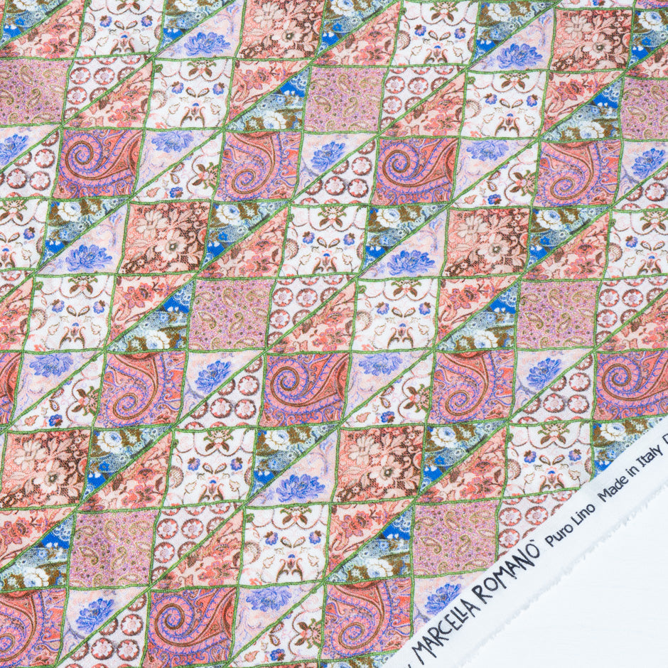 Pink Floral Patchwork Printed Pure Linen (A 3.40m Piece)