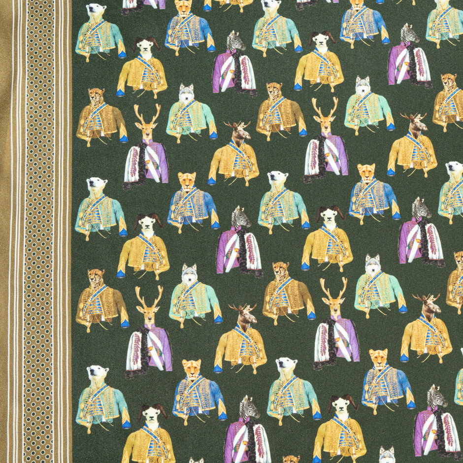 Wild Animal Printed Olive Green Pure Silk Twill