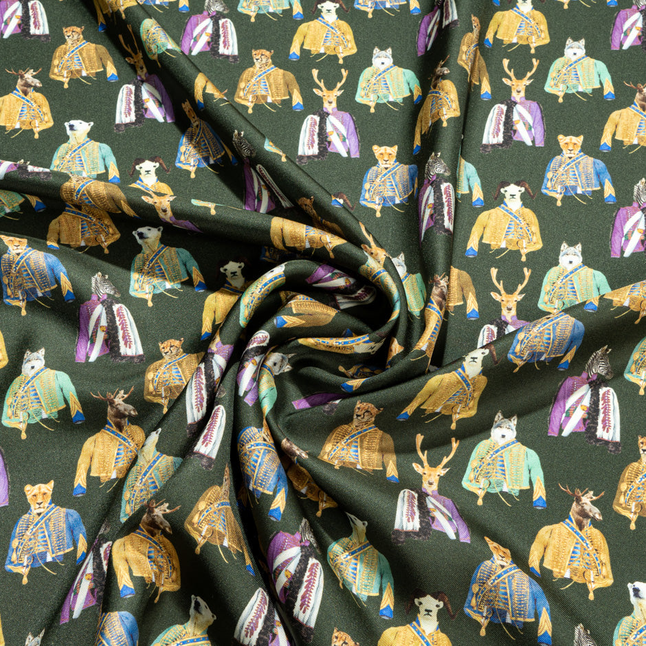 Wild Animal Printed Olive Green Pure Silk Twill