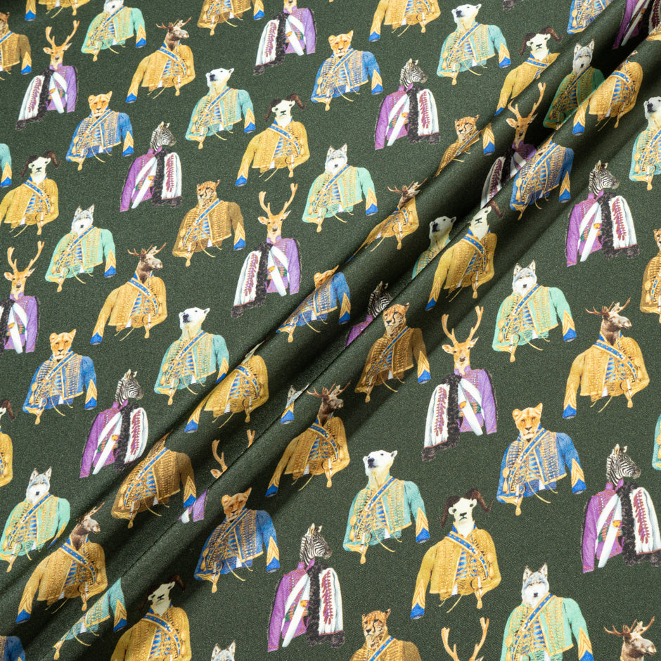 Wild Animal Printed Olive Green Pure Silk Twill