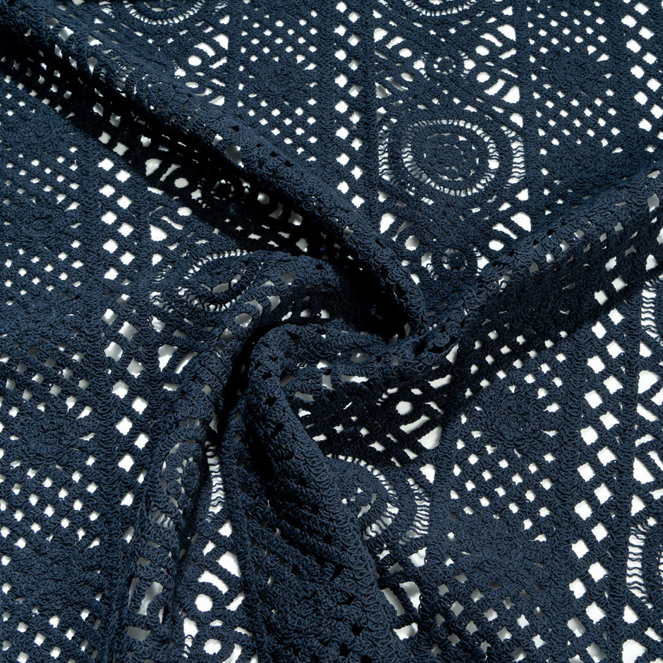 Navy Blue Geometric Cotton Blend Guipure Lace