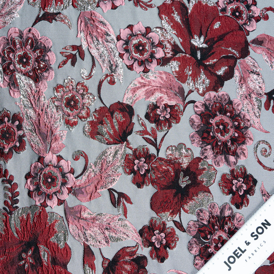 Burgundy & Pink Floral Grey Brocade