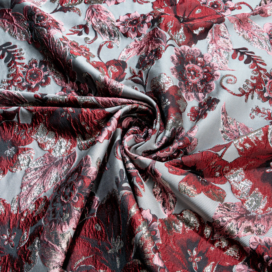 Burgundy & Pink Floral Grey Brocade
